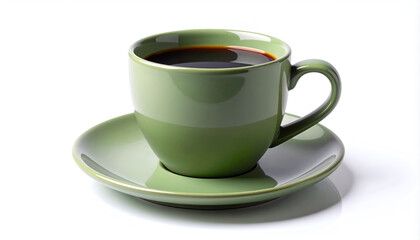 Obraz premium A vibrant green ceramic coffee cup filled with dark liquid sits elegantly on a matching saucer against a clean white background, showcasing a simple and inviting still life.