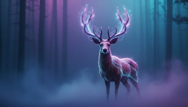 Majestic stag with glowing antlers in misty forest absurd compositions fantasy realism. 8K spirit animal enchanted forest animal kingdom absurd compositions, fantasy realism. 8K