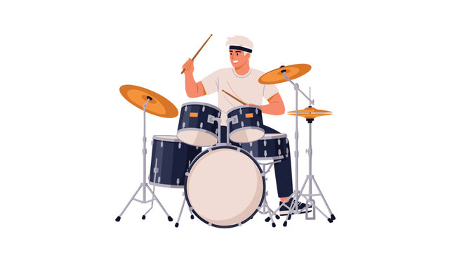 Energetic young man playing a full drum kit with great enthusiasm while holding drumsticks on a white background.
