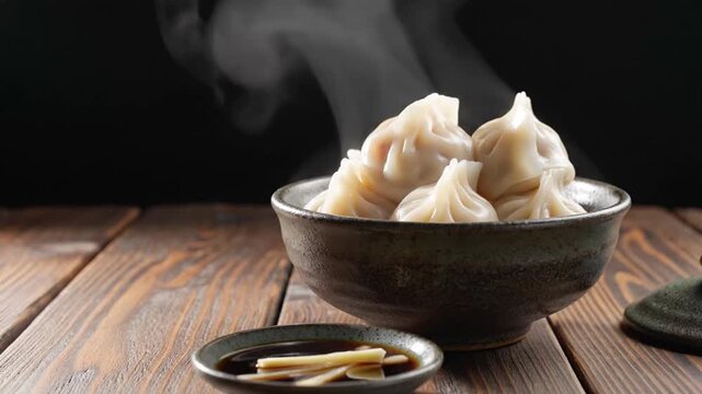 Steaming hot dumplings served in a black bowl with soy sauce on a rustic wooden table