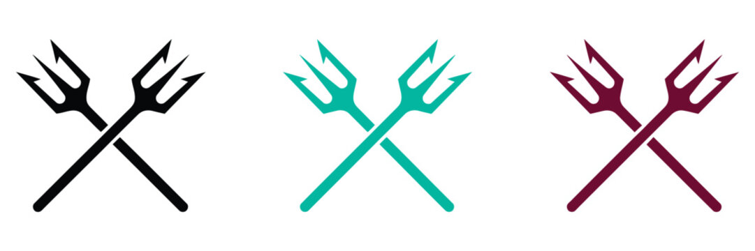Mythological, trident crossed icon set, vector illustration, ancient weapon symbols, sea god mythology elements, fantasy emblem design, nautical power icons, flat vector graphics for games, posters, 