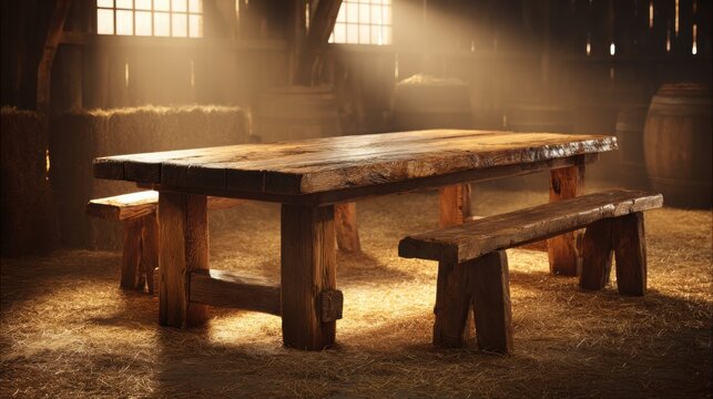 Heavy Oak Trestle Dining Set with Sturdy Construction in a Warmly Lit Barn Setting
