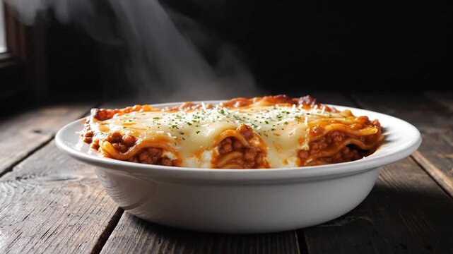Delicious steaming hot baked lasagna with melted cheese and aromatic herbs served in a white bowl on rustic wooden table