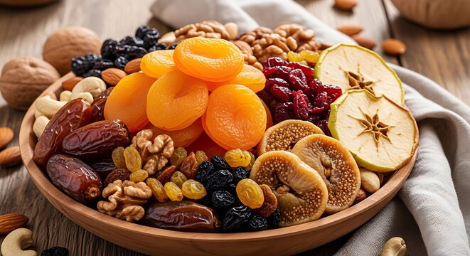 Assortment of dried fruits and nuts arranged in a wooden bowl on a surface