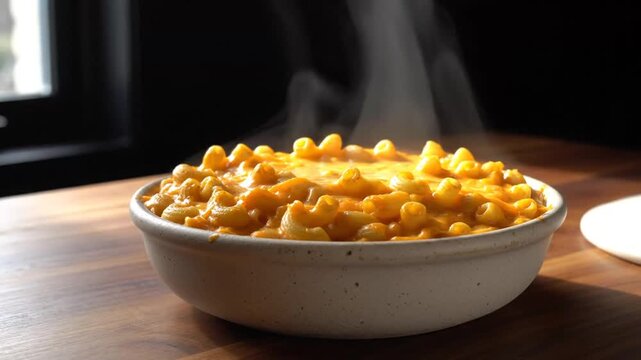 Steaming hot bowl of creamy corn chowder with fresh steam rising in a cozy kitchen setting