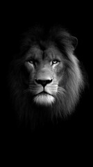 Fototapeta premium A powerful lion stands out against a dark background, its piercing gaze captivating and fierce. The detailed fur exudes nobility, highlighting nature's elegance and raw power