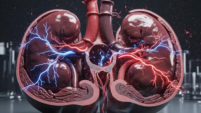 Dynamic visualization of heart electrical activity illustrating electrical impulses and blood flow within the cardiac chambers