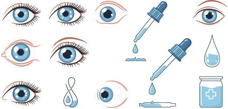 Dry Eye Treatment and Eye Care Icons Set with Blue Eyes Eyedrop Pipette Medical Drops and Ophthalmology Healthcare Vector Illustration Collection