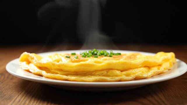 Delicious steaming hot plate of crispy layered omelette garnished with fresh herbs served on a classic white dish