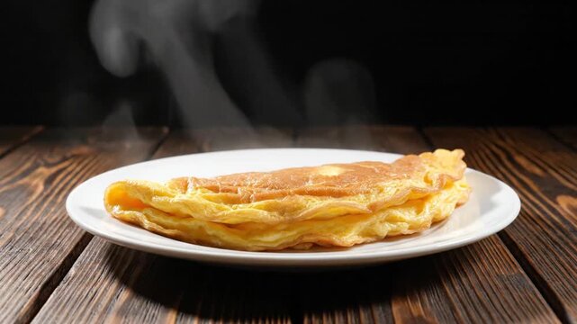Hot freshly fried crepe with steam rising from the crispy surface served on a white plate on wooden table in a sequence of
