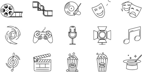 Entertainment icons: film reel, vinyl, masks, microphone, popcorn, music note, magic hat, game controller, spotlight © vectorcorp
