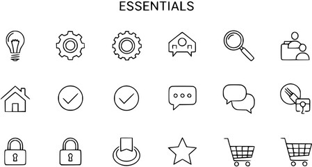 Fototapeta premium Essentials Icon Set: Lightbulb, Gears, House, Search, Chat, Lock, Star, Shopping Cart, Black Line Art