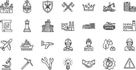 Fototapeta premium Black and white line art icons of historical, industrial, and technical elements for microstock