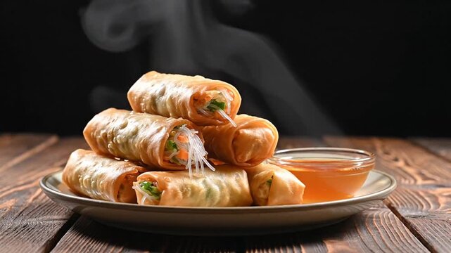 Delicious Spring Rolls Arrangement with Accompanying Dipping Sauce on Wooden Table
