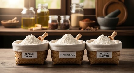 Fototapeta premium Tiga wadah tepung khas Indonesia untuk bahan masakan di dapur tradisional