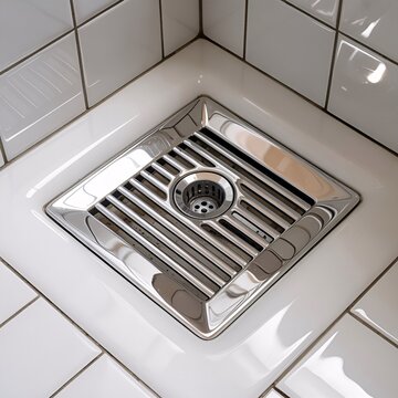 Stainless steel floor drain trap on white bathroom tiles