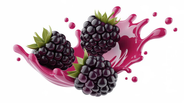 Three fresh blackberries splashing into a vibrant purple berry juice swirl on white background