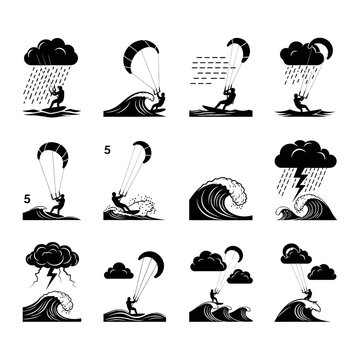 A person parasails through stormy weather with rain and lightning on the ocean waves.