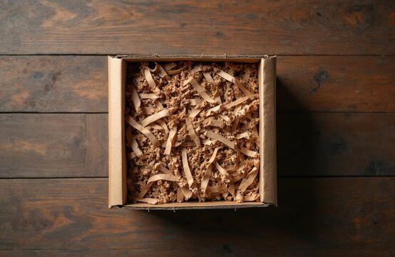 Open cardboard box filled with shredded paper filler sits on rustic wooden table. Shipping container ready for product packaging and delivery protection. Natural eco-friendly void fill material.