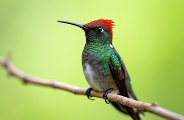 Obraz premium Small hummingbird with red crown and green body rests on a branch. Tiny bird with long beak looks to the side, showing its delicate feathers and quick motion. Natural background.