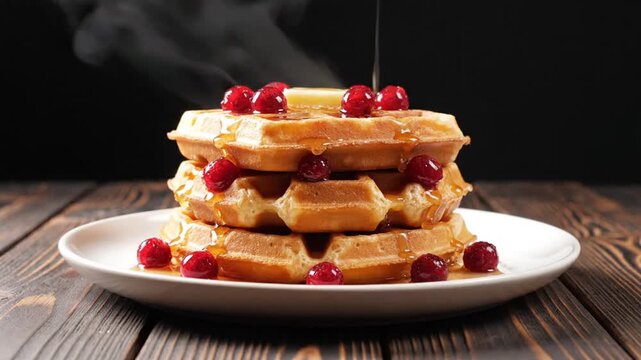 Delicious golden waffles topped with vibrant red berries and a drizzle of syrup on a rustic wooden table