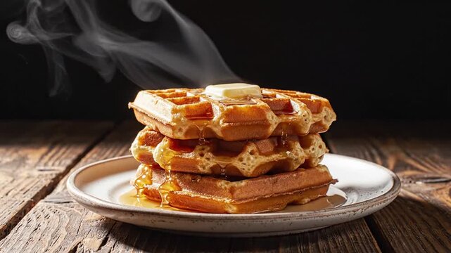 Stacked waffles with melting butter and steam rising on a rustic wooden table
