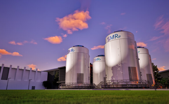 Group of smr or small modular nuclear reactors power plant under twilight sky