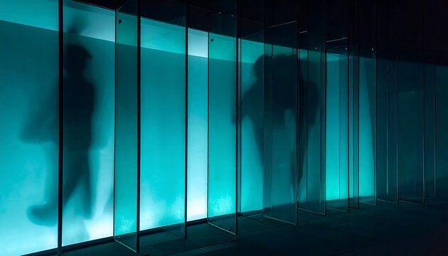 Silhouetted figures walking behind glass panels with vibrant turquoise light