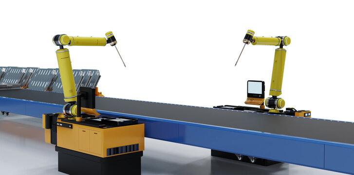 3d rendering robotic arms manufacture electric car battery isolated