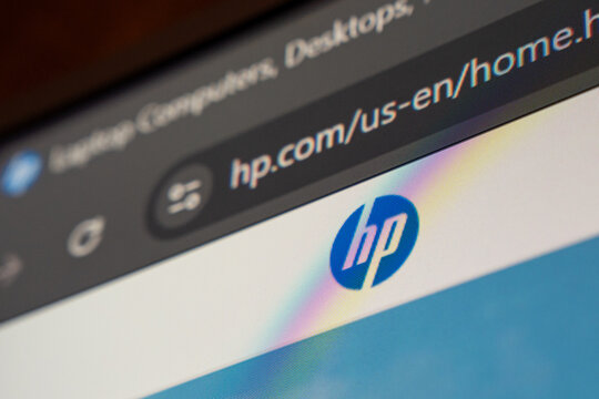 18 April 2026 - Tashkent, Uzbekistan: Close up view of HP website on digital screen showing logo and interface elements.