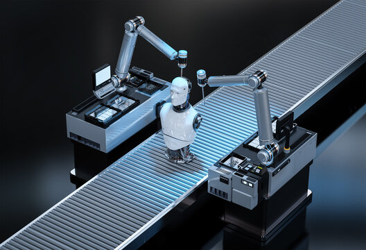 Robot assembly line producing cyborg in factory