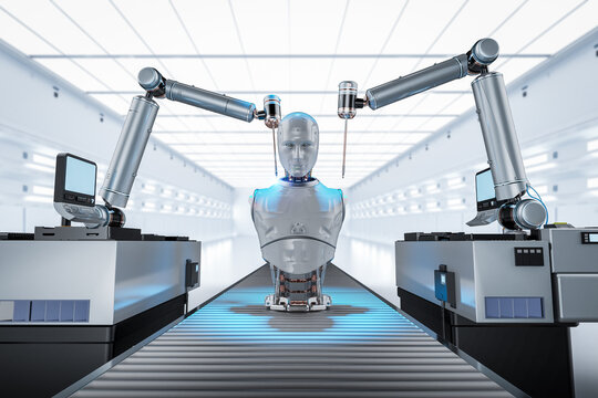 Robot assembly line producing cyborg in factory
