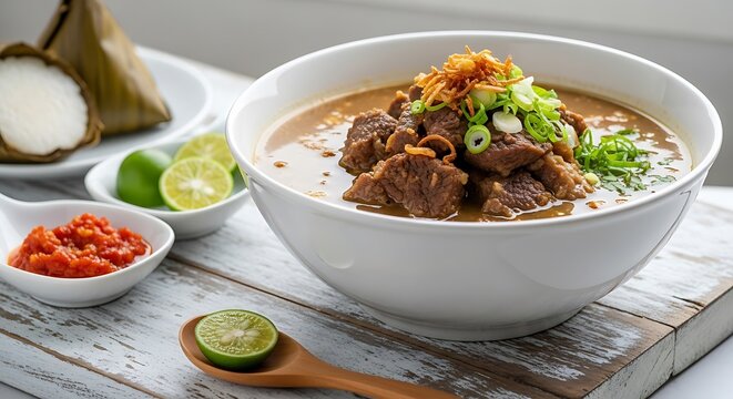 Bakso sapi kuah kaldu gurih dengan irisan daun bawang dan rempah segar