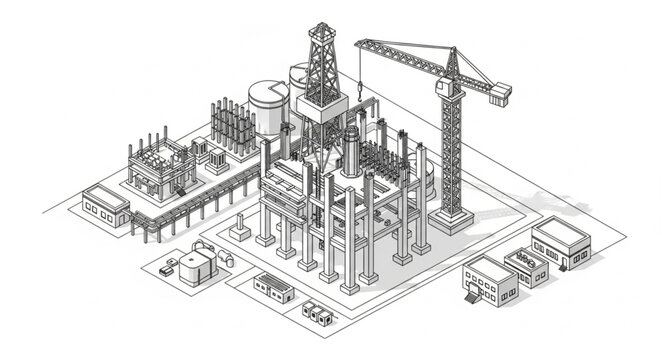 Isometric construction site with tower crane and structure.