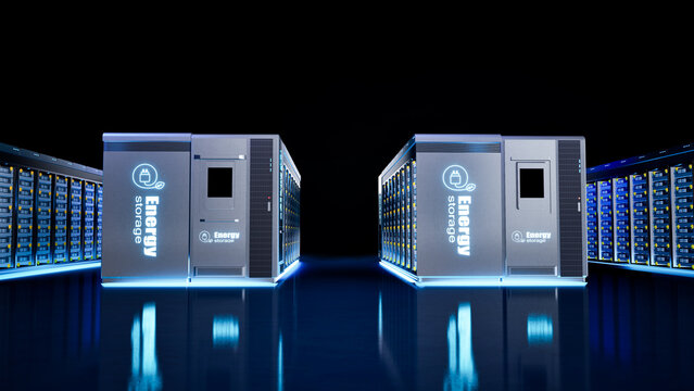 Group of energy storage systems or battery container units on black background