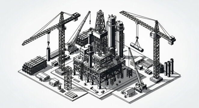 Isometric construction site with tower cranes and building framework.