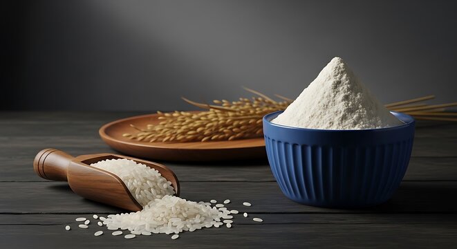 Gula tepung terigu dengan dekorasi gandum di atas meja kayu untuk bahan kue dan bakery