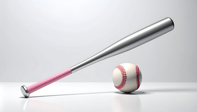 A studio shot showcases a baseball and bat resting on a reflective surface, bathed in soft, diffused light, evoking a sense of sport and recreation.