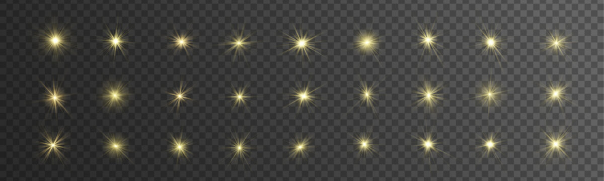 Png set star light with sun, radiant golden sunlight rays. Sparkle, sparks, bokeh, shimmer, glow shine lens flare, starlight starburst. Warm yellow light fills the background. Vector illustration.