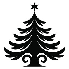 Obraz premium Stylized black christmas tree silhouette with star on top and ornate swirling base on transparent background