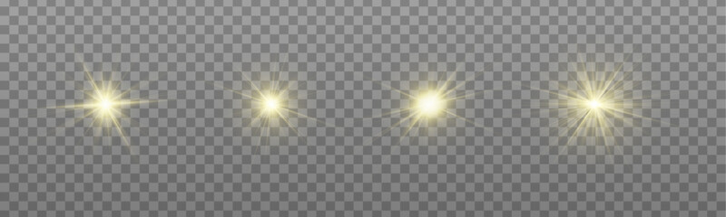 Png star light sun set, sunlight rays with golden shine. Sparkle, sparks, bokeh, shimmer, twinkle with lens flare, starlight starburst yellow glow on transparent background. Vector illustration. © Mirotvoric