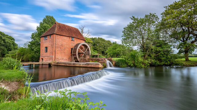 A serene watermill stands beside a peaceful river on a cloudy day
