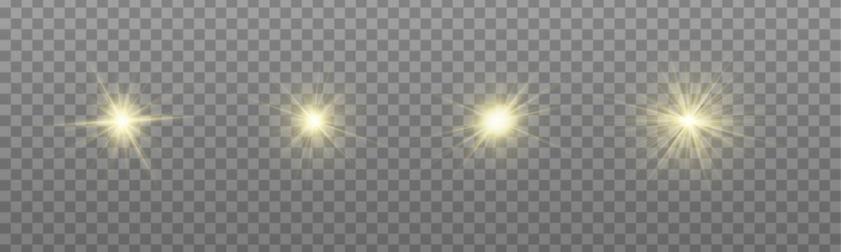 Png star light sun set, sunlight rays with golden shine. Sparkle, sparks, bokeh, shimmer, twinkle with lens flare, starlight starburst yellow glow on transparent background. Vector illustration.