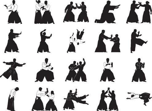 Aikido Martial Arts Silhouettes Dynamic Poses and Combat Actions
