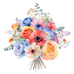 Fototapeta premium Vibrant Mixed Floral Bouquet with Roses and Anemones in Watercolor Style Isolated on White