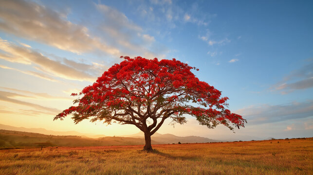 A lone tree with vibrant red leaves stands in a serene landscape at sunset