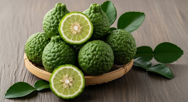 Kubuhan jeruk kaffir lime segar di keranjang bambu dengan daun hijau alami