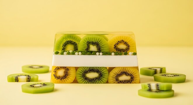 Kue agar Kamuang isi kiwi dan pelengkap agar-agar warna-warni menarik