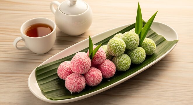 Kue klepon warna merah dan hijau disajikan dengan teh di atas nampan daun pisang