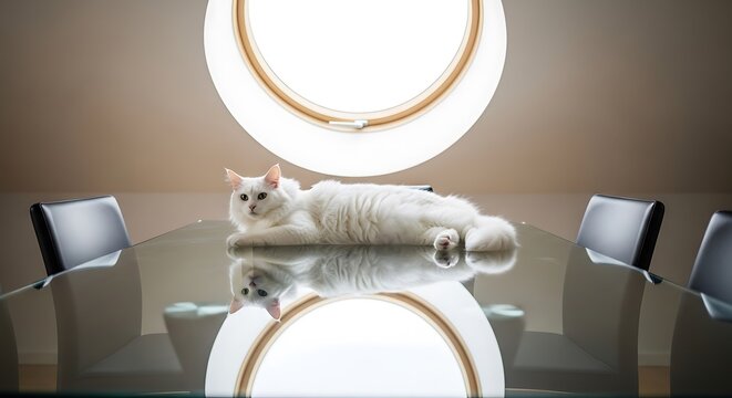 Fluffy white cat lying on a reflective glass dining table under a circular window in a minimalist modern luxury home with bright natural lighting